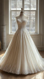 A-line V-neck lace tulle long prom dress, white wedding dress HZ1024