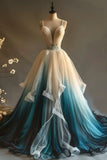 A-Line V-Neck Tulle Applique Long Prom Dress, Spaghetti Strap Vintage Evening Dress HZ1024