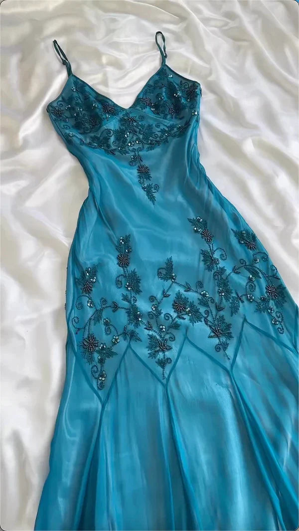 Prom Dresses Under $180??Gothic Spaghetti Straps Blue Satin Chiffon Sheath Evening Dress with Beading HZ1024