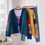 retro contrast color V-neck Cardigan coat HZ1024