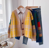 retro contrast color V-neck Cardigan coat HZ1024