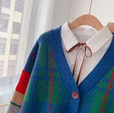 retro contrast color V-neck Cardigan coat HZ1024