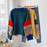 retro contrast color V-neck Cardigan coat HZ1024