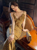 retro leopard print v-neck ruffled chiffon suspender dress HZ1024