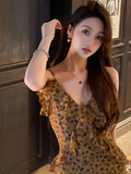 retro leopard print v-neck ruffled chiffon suspender dress HZ1024