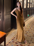 retro leopard print v-neck ruffled chiffon suspender dress HZ1024