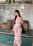 slim backless suspender dress with butterfly print HZ1024
