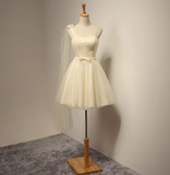 A-line sweetheart neck tulle short prom dress, champagne bridesmaid dress HZ1024