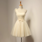 A-line sweetheart neck tulle short prom dress, champagne bridesmaid dress HZ1024