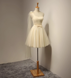 A-line sweetheart neck tulle short prom dress, champagne bridesmaid dress HZ1024