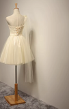 A-line sweetheart neck tulle short prom dress, champagne bridesmaid dress HZ1024