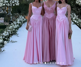 Spaghetti Straps A Line Prom Dress Satin Pink Long Bridesmaid Dresses HZ1024