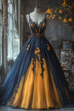 A-Line V-neck Tulle Applique Long Prom Dress Lace Evening Dress HZ1024