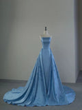 Strapless A-Line Satin Long Prom Dress, Blue Formal Evening Dress HZ1024