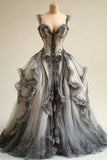 V-neck Lace Tulle Long Ball Gown, Vintage Formal Dress HZ1024