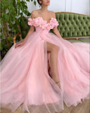 A-Line Tulle Off The Shoulder Long Evening Prom Dress With Slit HZ1024
