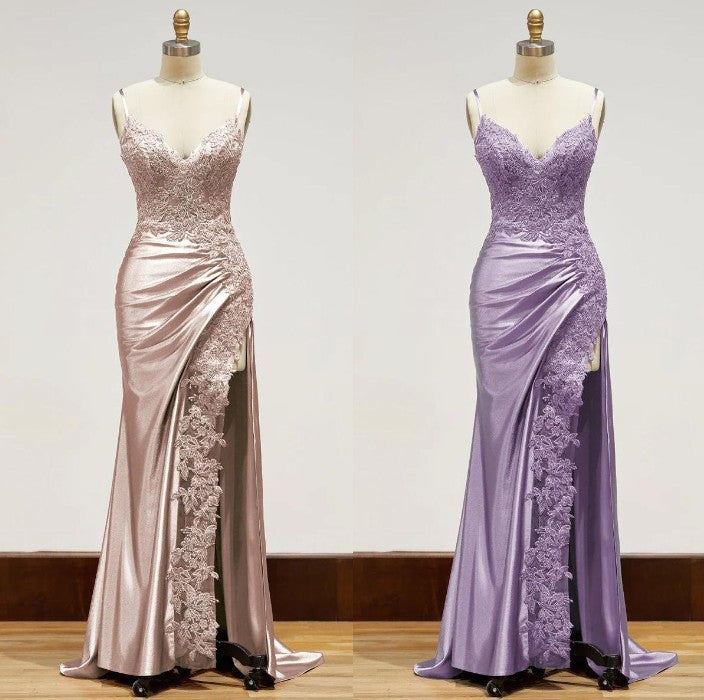 Black Spaghetti Straps Evening Dresses Satin Sheath Long Prom Dresses with Slits HZ1024