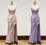 Black Spaghetti Straps Evening Dresses Satin Sheath Long Prom Dresses with Slits HZ1024