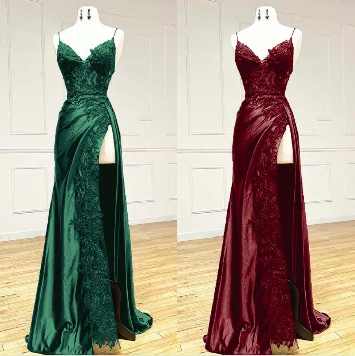 Black Spaghetti Straps Evening Dresses Satin Sheath Long Prom Dresses with Slits HZ1024