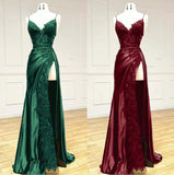 Black Spaghetti Straps Evening Dresses Satin Sheath Long Prom Dresses with Slits HZ1024