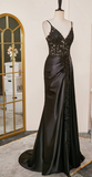 Black Spaghetti Straps Evening Dresses Satin Sheath Long Prom Dresses with Slits HZ1024