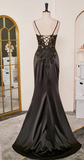 Black Spaghetti Straps Evening Dresses Satin Sheath Long Prom Dresses with Slits HZ1024