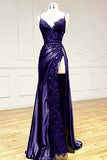 Black Spaghetti Straps Evening Dresses Satin Sheath Long Prom Dresses with Slits HZ1024