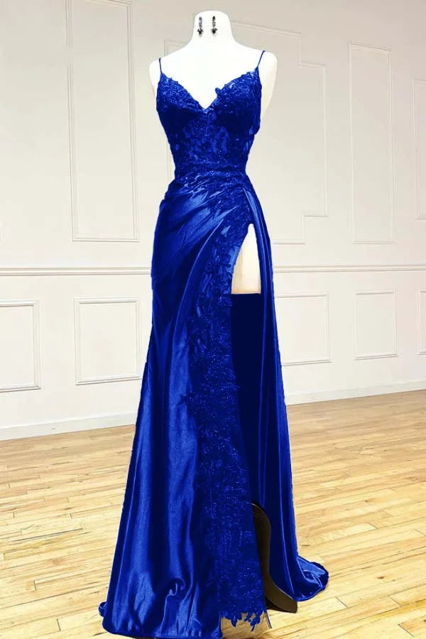 Black Spaghetti Straps Evening Dresses Satin Sheath Long Prom Dresses with Slits HZ1024