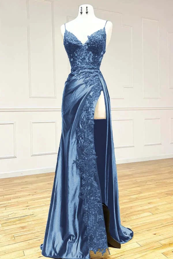 Black Spaghetti Straps Evening Dresses Satin Sheath Long Prom Dresses with Slits HZ1024