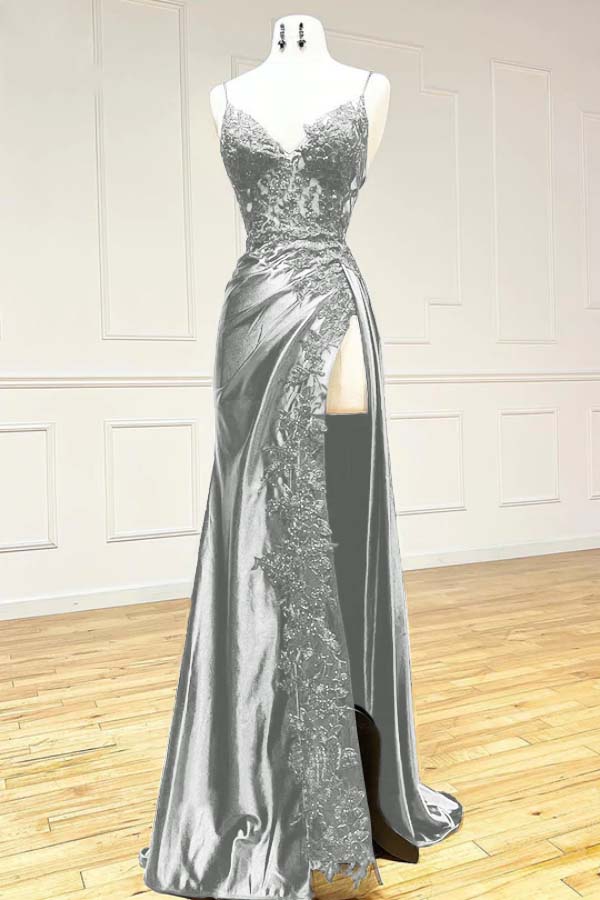 Black Spaghetti Straps Evening Dresses Satin Sheath Long Prom Dresses with Slits HZ1024