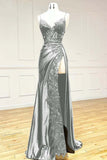 Black Spaghetti Straps Evening Dresses Satin Sheath Long Prom Dresses with Slits HZ1024