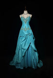 A-Line Spaghetti Straps Satin Beaded Long Prom Dress Sweetheart Neck Applique Graduation Prom Dress HZ1024