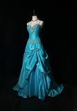 A-Line Spaghetti Straps Satin Beaded Long Prom Dress Sweetheart Neck Applique Graduation Prom Dress HZ1024