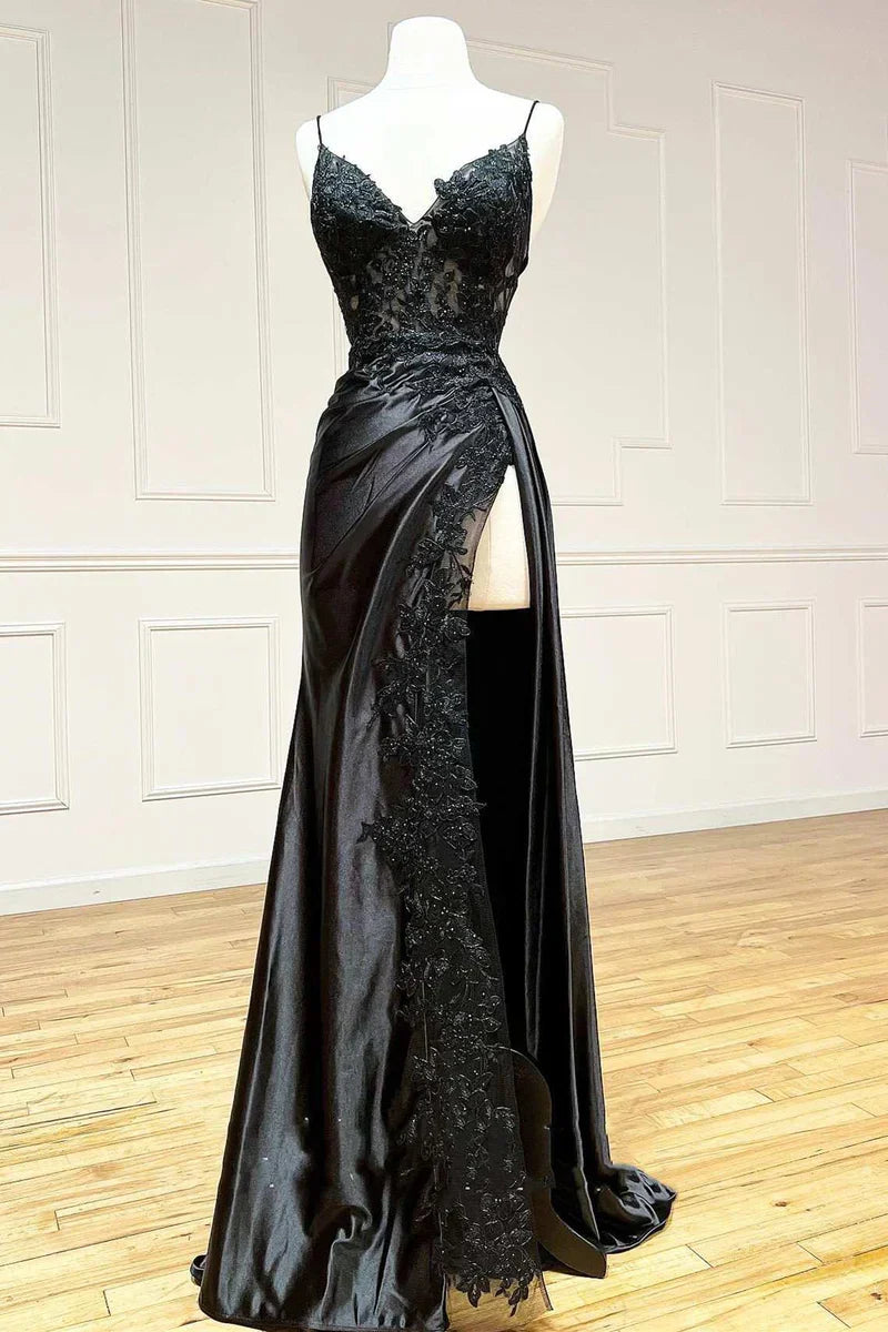 Black Spaghetti Straps Evening Dresses Satin Sheath Long Prom Dresses with Slits HZ1024