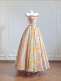 Butter Yellow Strapless Satin A-Line Long Prom Dresses Unique Wedding Dresses HZ1024