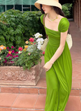long skirt beautiful green square collar fashion dress summer HZ1024