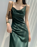 gentle style French dress women's sway collar acetate sling asymmetrical oblique collar design niche temperament long skirt HZ1024