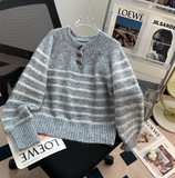 horn button striped half open collar sweater HZ1024