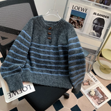 horn button striped half open collar sweater HZ1024