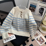 horn button striped half open collar sweater HZ1024