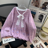 and sweet lace bow sequined V-neck sweater HZ1024