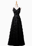 A-line V-neck satin long prom dress, black evening dress HZ1024