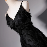 A-line V-neck satin long prom dress, black evening dress HZ1024
