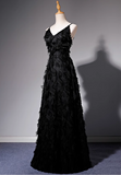 A-line V-neck satin long prom dress, black evening dress HZ1024