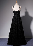 A-line V-neck satin long prom dress, black evening dress HZ1024