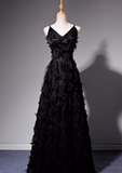 A-line V-neck satin long prom dress, black evening dress HZ1024