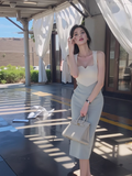 retro contrast color splicing V-neck knitted dress women's autumn and winter temperament slim bottoming hip suspender skirt HZ1024