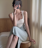 retro contrast color splicing V-neck knitted dress women's autumn and winter temperament slim bottoming hip suspender skirt HZ1024
