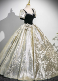 A-line square neck satin velvet long prom dress, black evening dress HZ1024