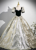 A-line square neck satin velvet long prom dress, black evening dress HZ1024
